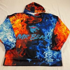 Mr Beast Hoodie XL All Over Fire Ice Flame Print Blue Orange Pullover Sweatshirt